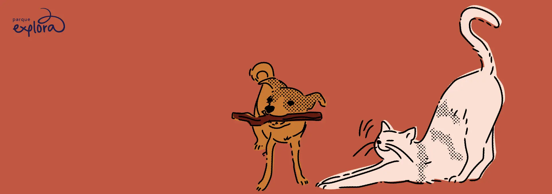 Ilustración de un perro que sostiene un objeto alargado en el hocico y un gato que se estira.