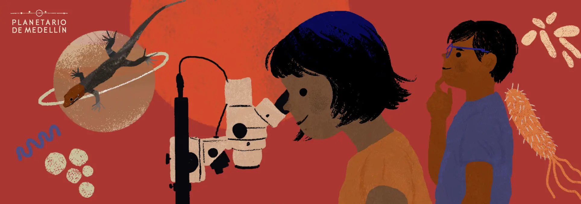 Ilustración de dos niños realizando actividades científicas; uno observa a través de un microscopio y otro sostiene elementos que representan organismos.