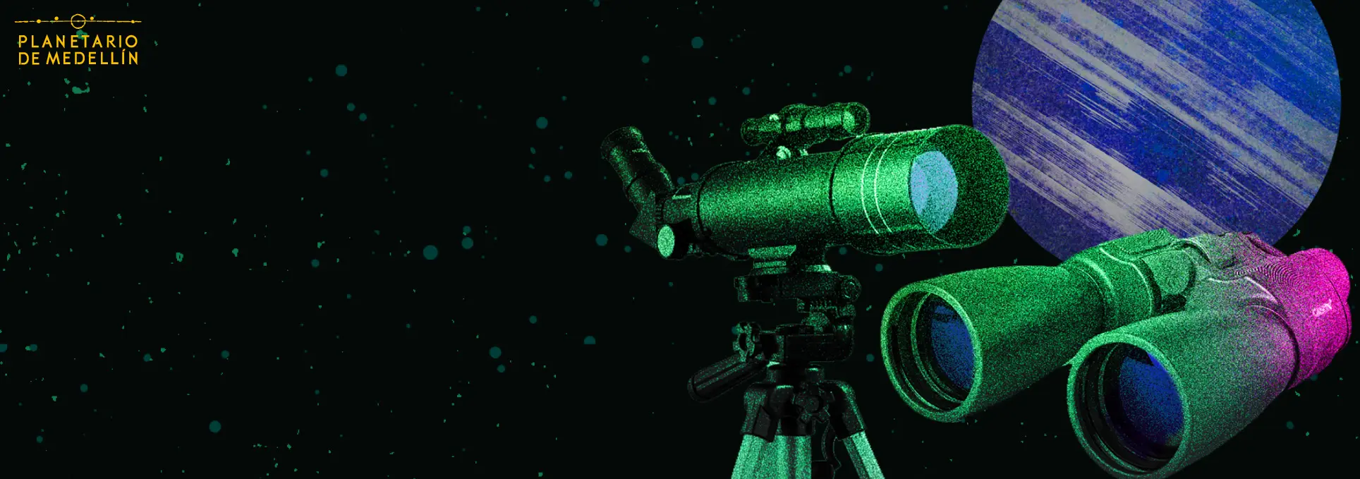 Composición gráfica de temática astronómica con un telescopio sobre trípode, unos binoculares y varios cuerpos celestes sobre un fondo estrellado.
