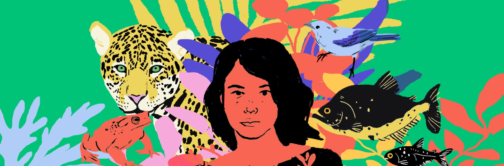 Ilustración. En el centro, el rostro de una mujer de color rojo con cabello negro está rodeado por diversas especies animales y vegetales. A la izquierda, un jaguar de mirada intensa observa al frente, mientras una rana roja se encuentra sobre una hoja. A la derecha, un pez negro con ojos amarillos y un pájaro azul aparecen entre hojas de colores. El fondo está compuesto por un patrón de hojas verdes y amarillas.