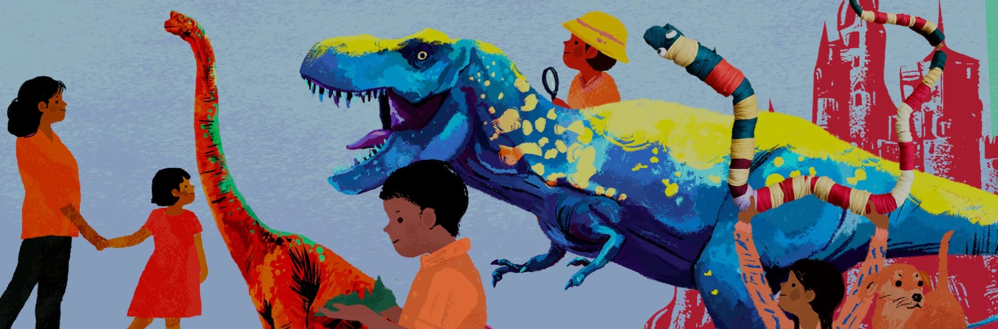 Ilustración. Sobre un fondo azul, varias niñas, niños y personas adultas interactúan con dinosaurios coloridos y figuras fantásticas. A la izquierda, una mujer sostiene la mano de una niña que observa un dinosaurio de cuello largo pintado con colores naranjas y verdes. Frente a ellos, un niño toca con curiosidad al dinosaurio. En el centro, un dinosaurio azul con manchas amarillas y blancas parece avanzar con expresión vivaz. Sobre su lomo, un niño con sombrero sostiene una lupa. A la derecha, una niña alza una serpiente hecha con retazos textiles y a su lado aparece un castillo rojo. En la esquina inferior derecha, se asoma la cabeza de un león o felino.