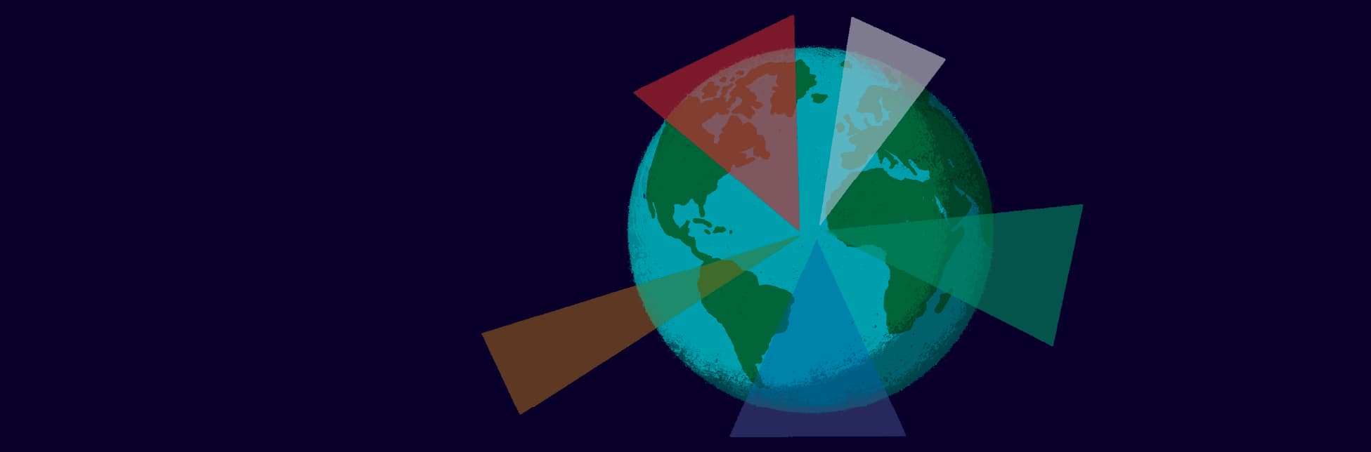 Ilustración. Sobre un fondo azul oscuro, se observa un globo terráqueo con varios segmentos triangulares de colores superpuestos, que parecen representar distintas zonas de impacto o alerta.