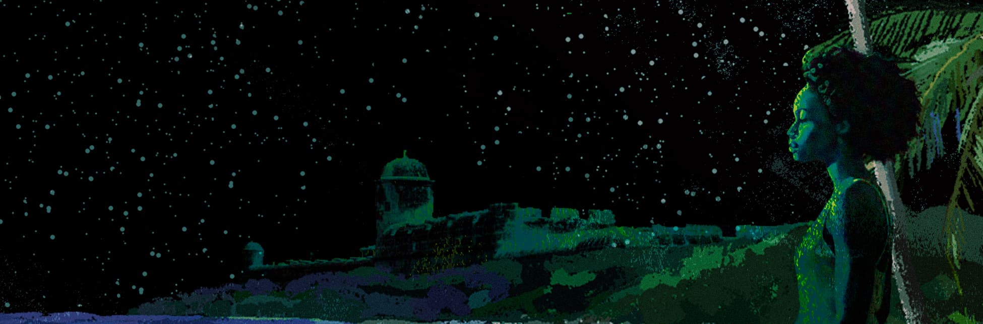 Ilustración. Sobre un fondo negro, una noche estrellada, se ve la silueta verde de una muralla a la derecha de la imagen, a la izquierda una mujer de perfil mira hacia el centro de la imagen.