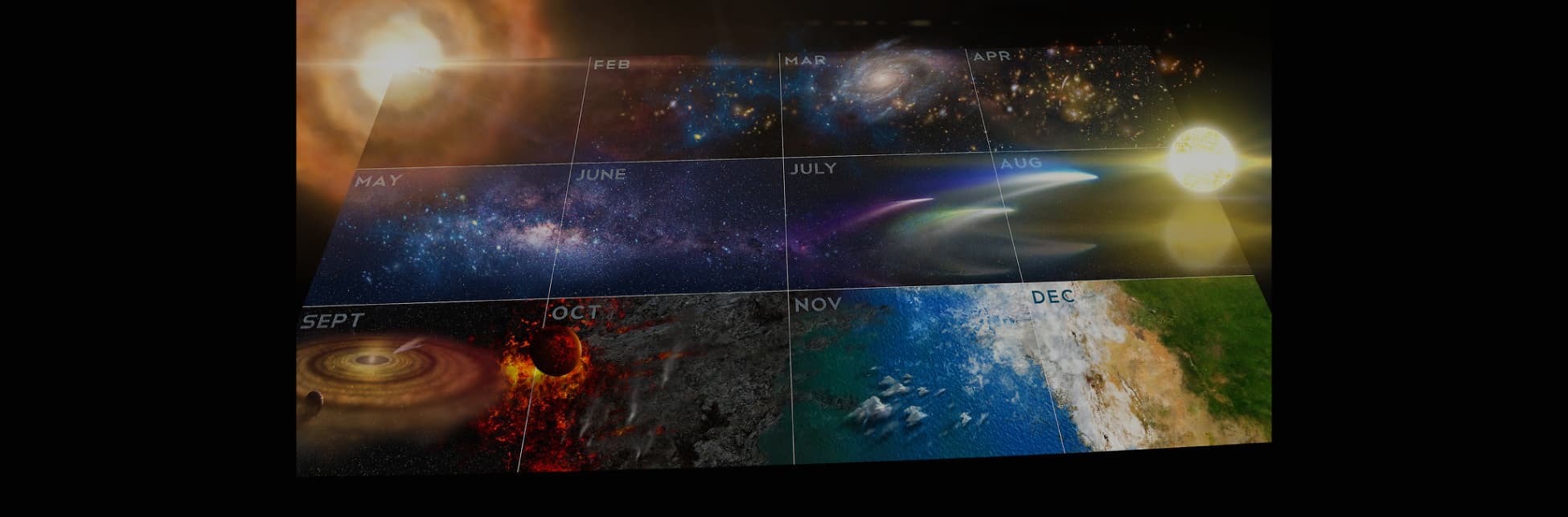 Foto. En la parte superior de la imagen una cuadrícula de 12 cuadros con el nombre de cada mes del año con fotografías del universo.