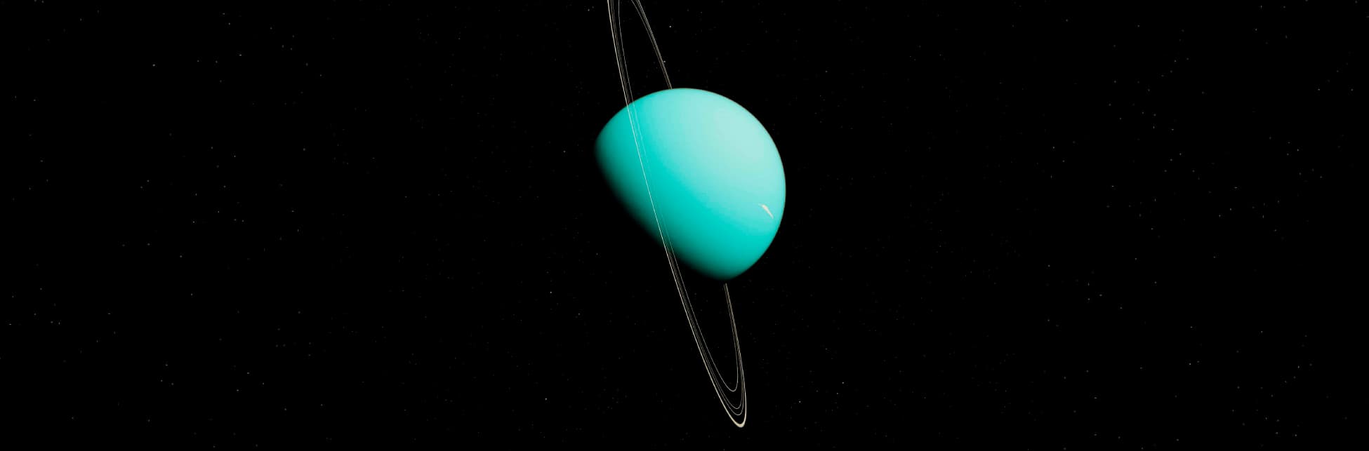Foto. En el centro de la imagen un planeta circular color azul claro que está sombreado en la parte inferior. Al planeta lo rodean varias líneas blancas que están una cerca a la otra.