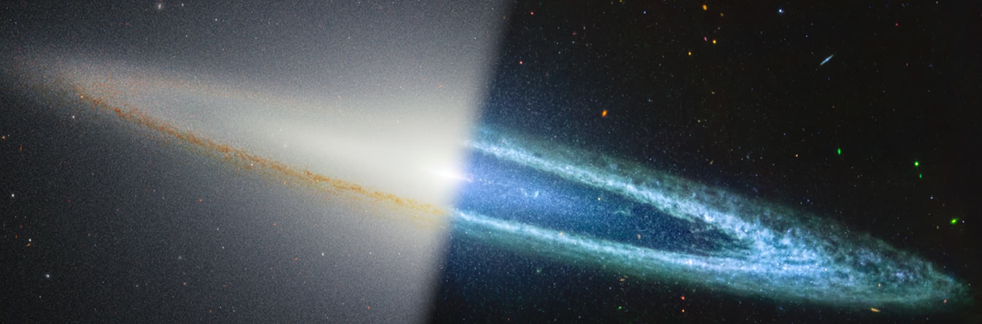 Fotografía. Sobre un fondo estrellado dividido a la mitad por un haz de luz brillante, se observa una galaxia vista de canto. A la izquierda predomina una gama de colores cálidos como el blanco amarillento y el naranja, mientras que a la derecha se destacan tonos azulados y fríos. La imagen muestra el contraste entre dos longitudes de onda o filtros distintos aplicados a una misma estructura galáctica.