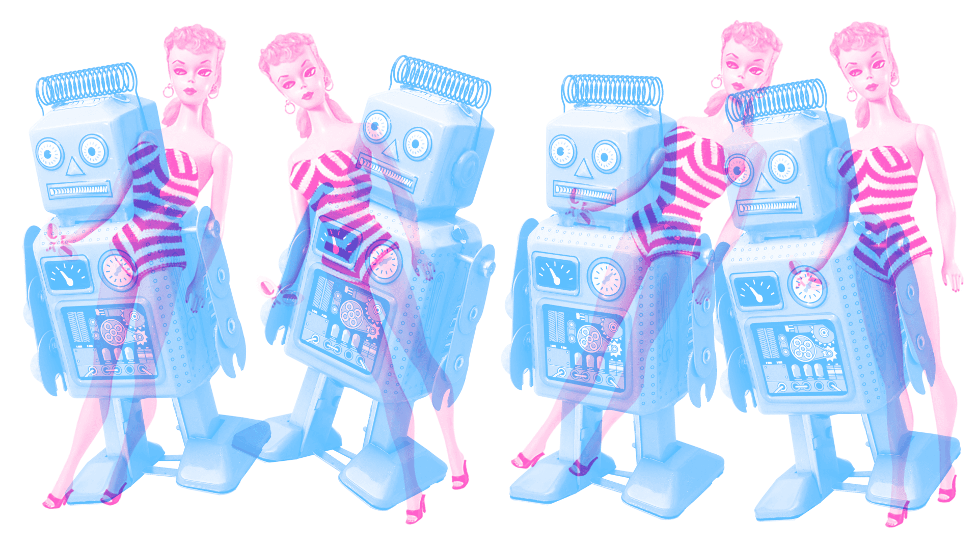 Ilustración. Un robot de juguete azul se superpone a una barbie rosada.