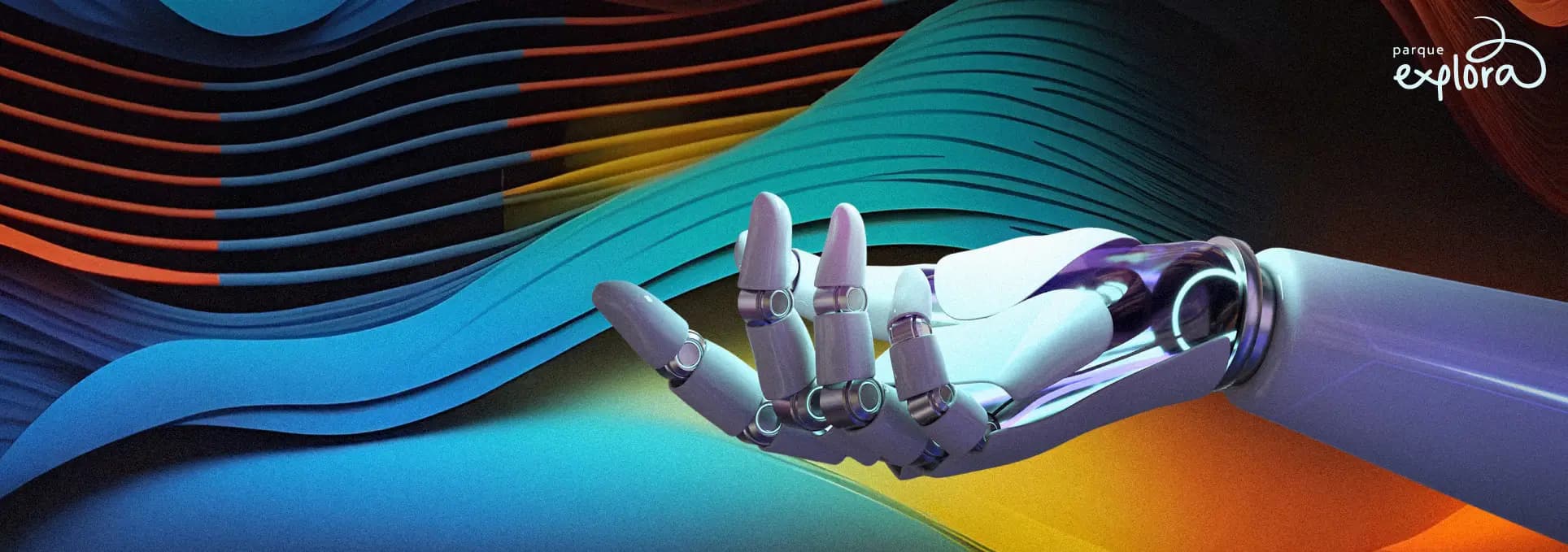 Ilustración de una mano robótica con ondas de color.