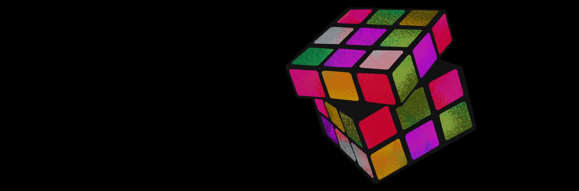 Ilustración. Sobre un fondo negro, hay un cubo de rubik con cubos de diferentes colores dentro de él.