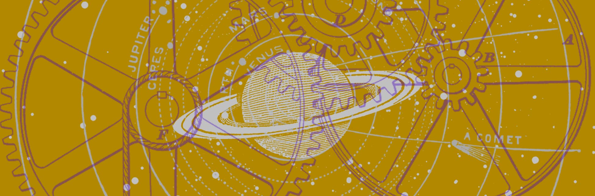 Ilustración. Sobre un fondo amarillo oscuro, aparece en el centro Saturno en líneas blancas. Detrás de él varias líneas concéntricas. Sobrepuesto a lo anterior siluetas de engranajes morados.