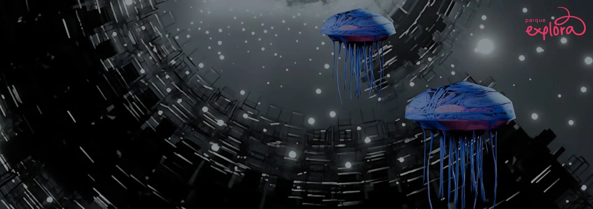 Escena digital con formas circulares y dos figuras flotantes.