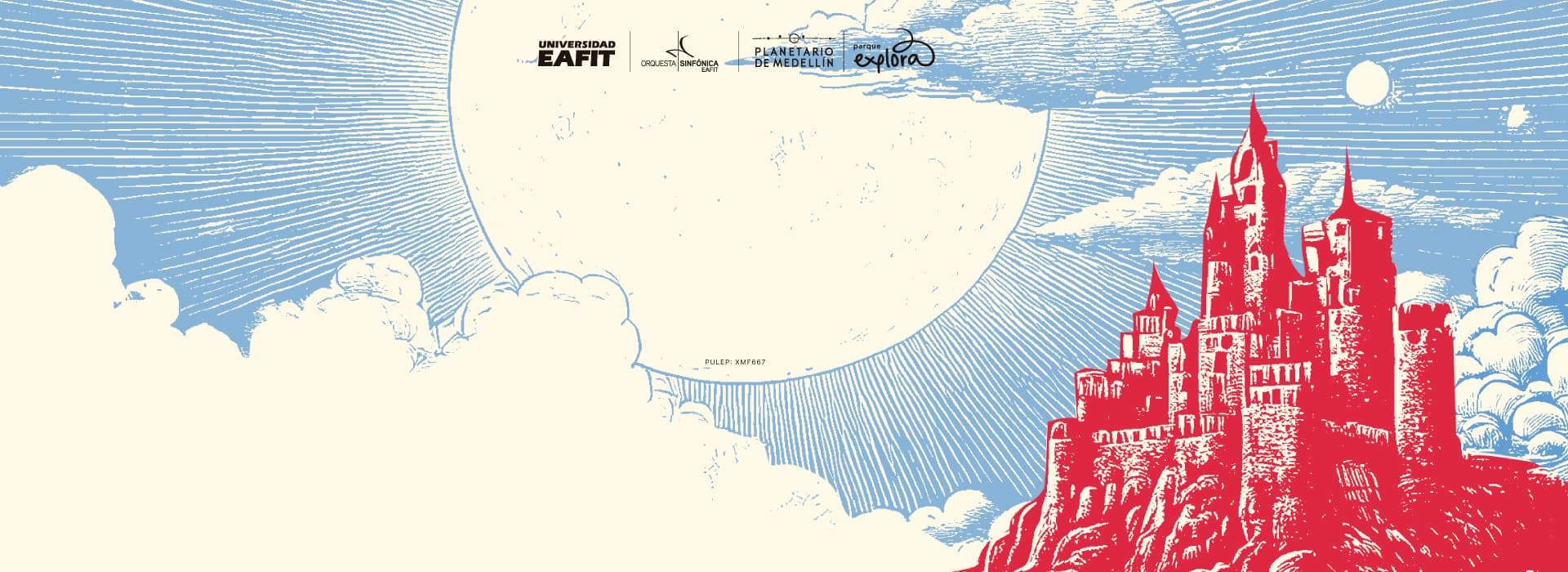 Ilustración. Sobre un fondo que representa un cielo azul con líneas que irradian desde el centro, se encuentra una gran luna en tono crema con detalles en azul. En la parte inferior derecha, hay una ilustración en rojo de un castillo con varias torres puntiagudas ubicado sobre una colina.