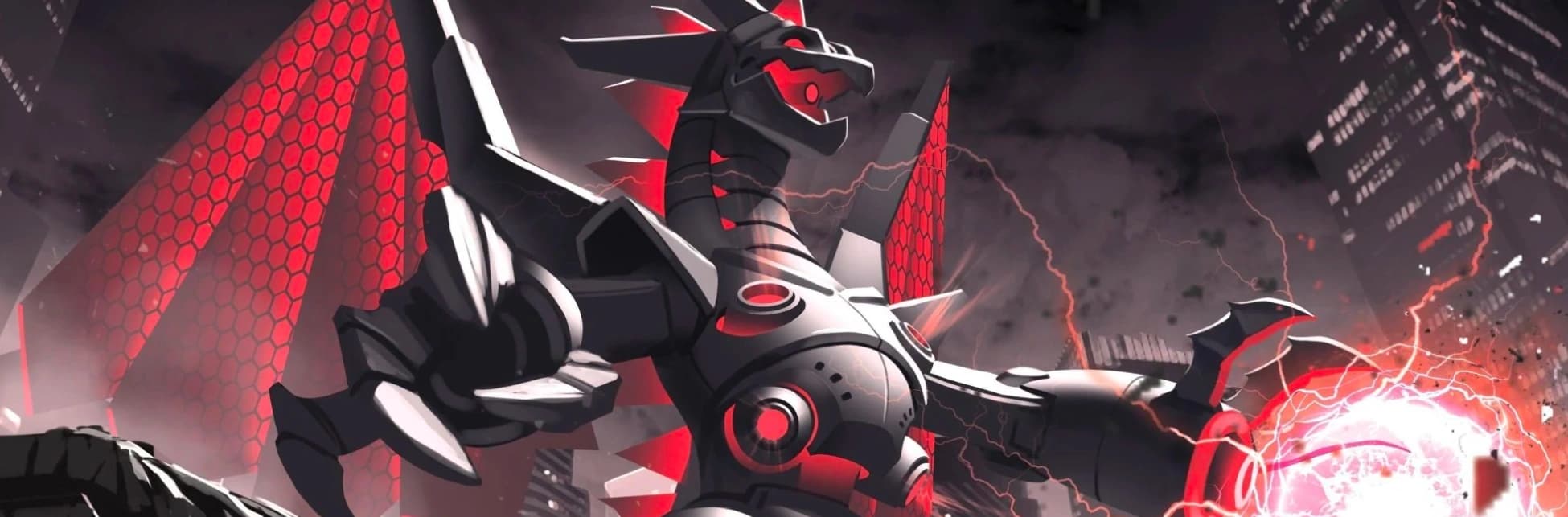 Ilustración. En primer plano, un enorme robot con forma de dragón metálico se alza rugiendo, con alas extendidas y detalles luminosos rojos en su cuerpo. Al fondo se observan edificios destruidos y un cielo oscuro con relámpagos.