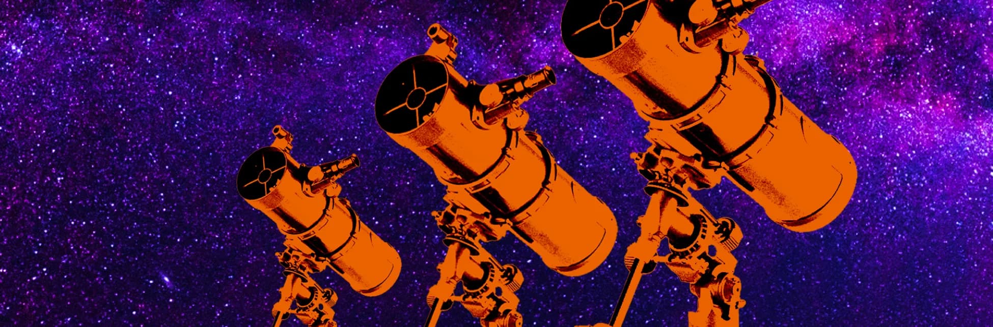 Afiche. El fondo está compuesto por una fotografía del cielo nocturno lleno de estrellas en tonos púrpura. En la parte inferior derecha se observa un telescopio ilustrado en color naranja apuntando hacia arriba.