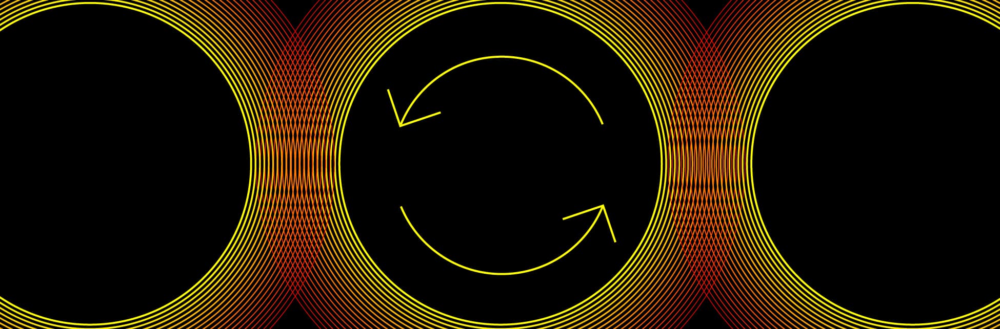 Sobre un fondo negro, varias líneas concéntricas en tonos amarillos y naranjados rodean la imagen, en el centro de la imagen dos flechas amarillas formando una circunferencia.