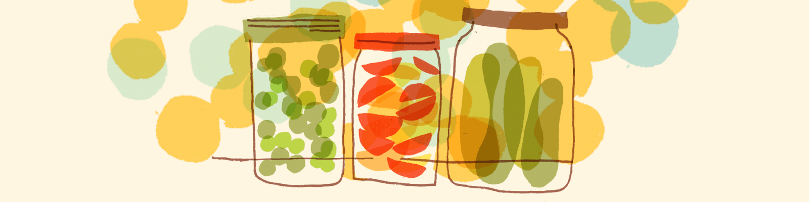 Ilustración. Tres frascos de elementos en conserva como pepinos agridulces y tomates en aceite de oliva.