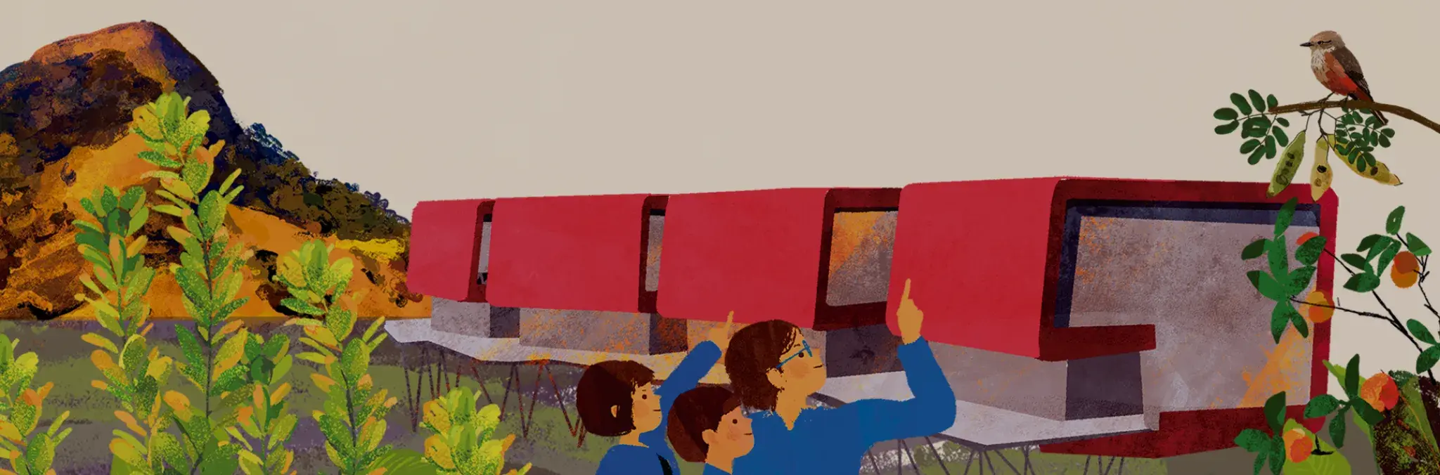 Ilustración. En la parte inferior, tres personas observan y señalan un gran tubo horizontal rodeado de vegetación. A la derecha, sobre una rama, hay un ave; cerca de la base se asoma un gato entre las hojas.