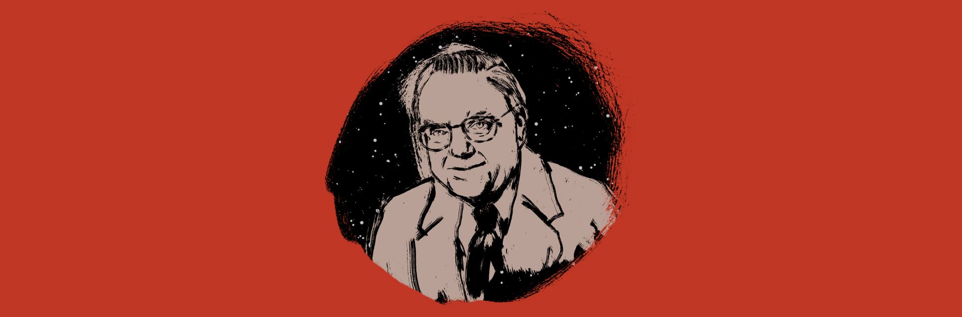Ilustración. Sobre un fondo rojo, en un semicírculo negro que simula un cielo nocturno, aparece en plano medio el retrato ilustrado del astrobiólogo Frank Drake.
