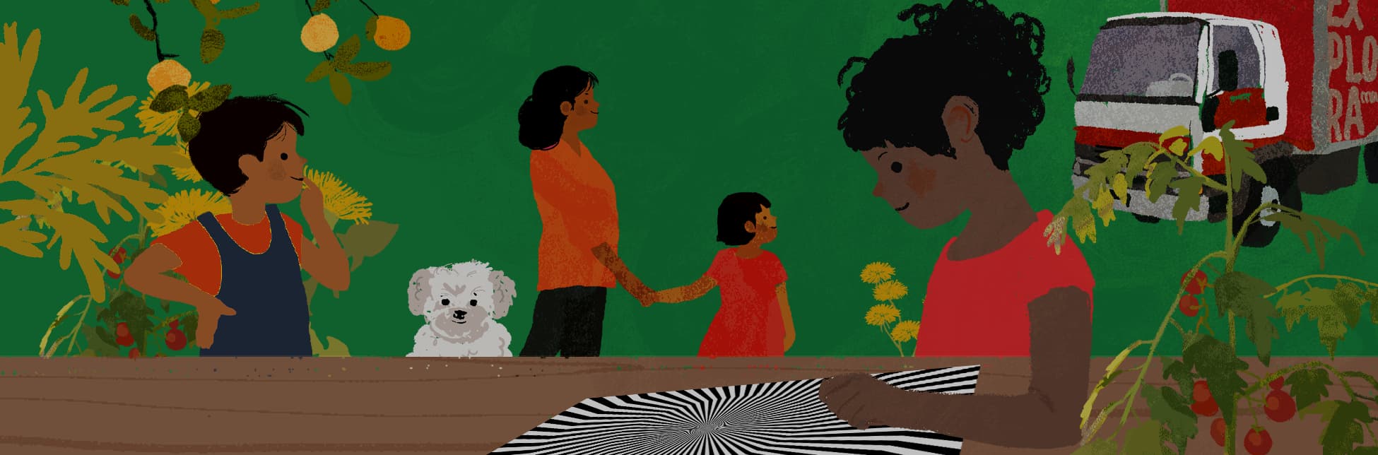 Ilustración de varias personas, entre ellas dos niños, una mujer y un perro, rodeados de vegetación; al fondo aparece un camión.