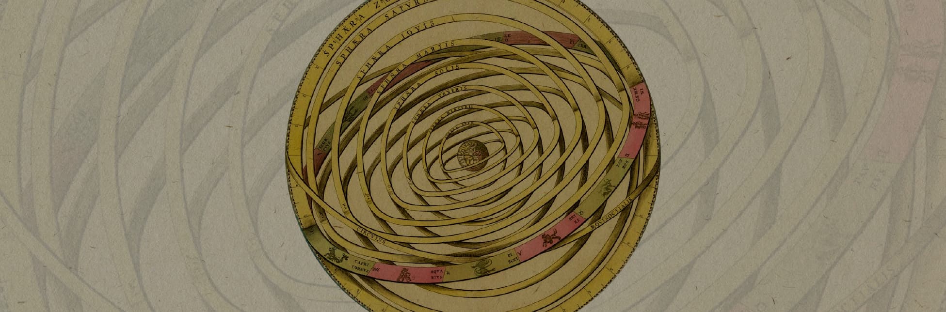 Ilustración. En el centro se muestra una imagen antigua de un modelo astronómico con anillos concéntricos en tonos beige, amarillos y rosados, donde se destacan figuras zodiacales.