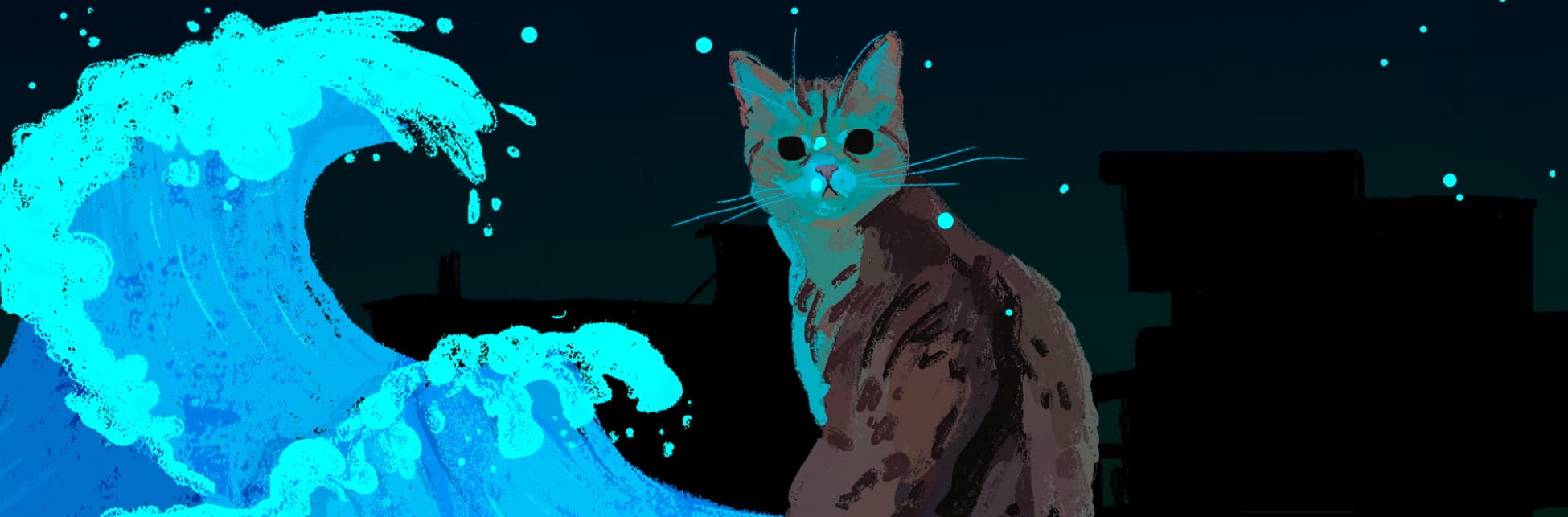 Ilustración. Sobre un fondo estrellado aparece un gato sentado de medio lado mirando a quien observa la imagen. Junto a él una ola y sobre esta, la Luna.