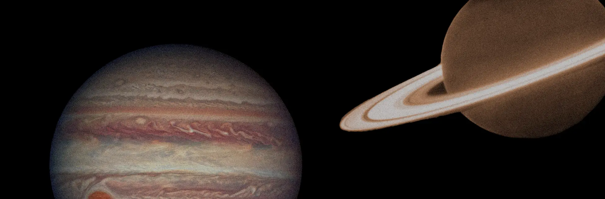 Ilustración. Sobre un fondo negro aparecen dos planetas. A la izquierda se observa uno de gran tamaño con franjas horizontales en tonos beige, rojizos y marrones, y una mancha ovalada de color más intenso en su zona inferior. A la derecha, parcialmente visible, hay otro planeta con un sistema de anillos que lo rodea diagonalmente.