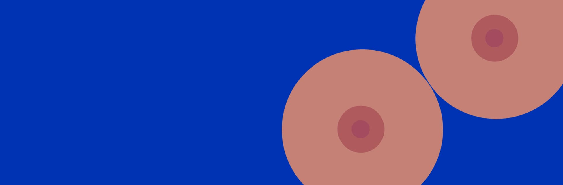 Afiche. Sobre un fondo azul intenso, aparecen dos formas circulares grandes en tonos rosados, ubicadas en la parte inferior izquierda y derecha.