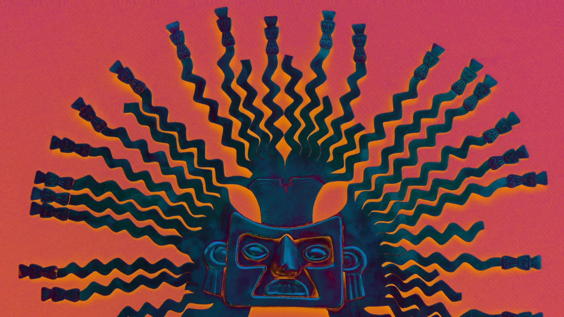 Ilustración. Sobre un fondo naranja y rosado se ve una figura frontal con apariencia de máscara ceremonial. Tiene un rostro rectangular con ojos ovalados, nariz triangular, boca con dientes en zigzag y orejeras a los lados. En la parte superior lleva una corona, de la que salen múltiples formas onduladas que se extienden hacia los lados y hacia arriba como rayos o cabellos. En los extremos de varias de estas formas aparecen pequeñas figuras con rostros y tocados.