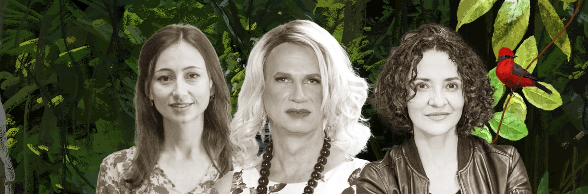Collage. Sobre un fondo con varias plantas, árboles y un pajarito aparece en la parte inferior de la imagen tres mujeres en primer plano y de frente.