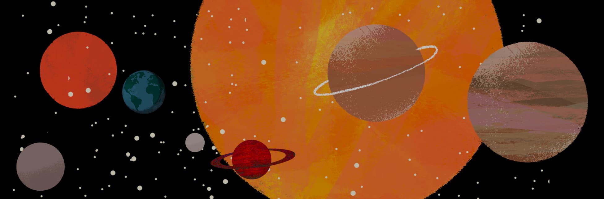 Ilustración sobre fondo oscuro con puntos que simulan estrellas y varios planetas de diferentes tamaños y colores distribuidos en la escena.
