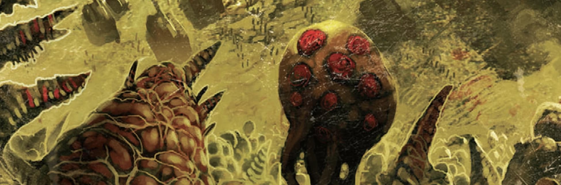 Ilustración. En un entorno de apariencia orgánica y viscosa dominado por tonos amarillos y verdosos, se distinguen varias formas que evocan estructuras biológicas o criaturas alienígenas. A la izquierda, se observan apéndices dentados y curvos con franjas negras y rojas. En el centro, se destacan dos figuras prominentes: una con textura segmentada y cubierta por filamentos que parecen venas, y otra con forma bulbosa y múltiples protuberancias circulares de color rojo intenso, dispuestas de manera irregular sobre su superficie. Al fondo, el entorno está cubierto por lo que parecen ser tejidos fibrosos o raíces, con texturas que recuerdan a carne viva o materia orgánica en descomposición.
