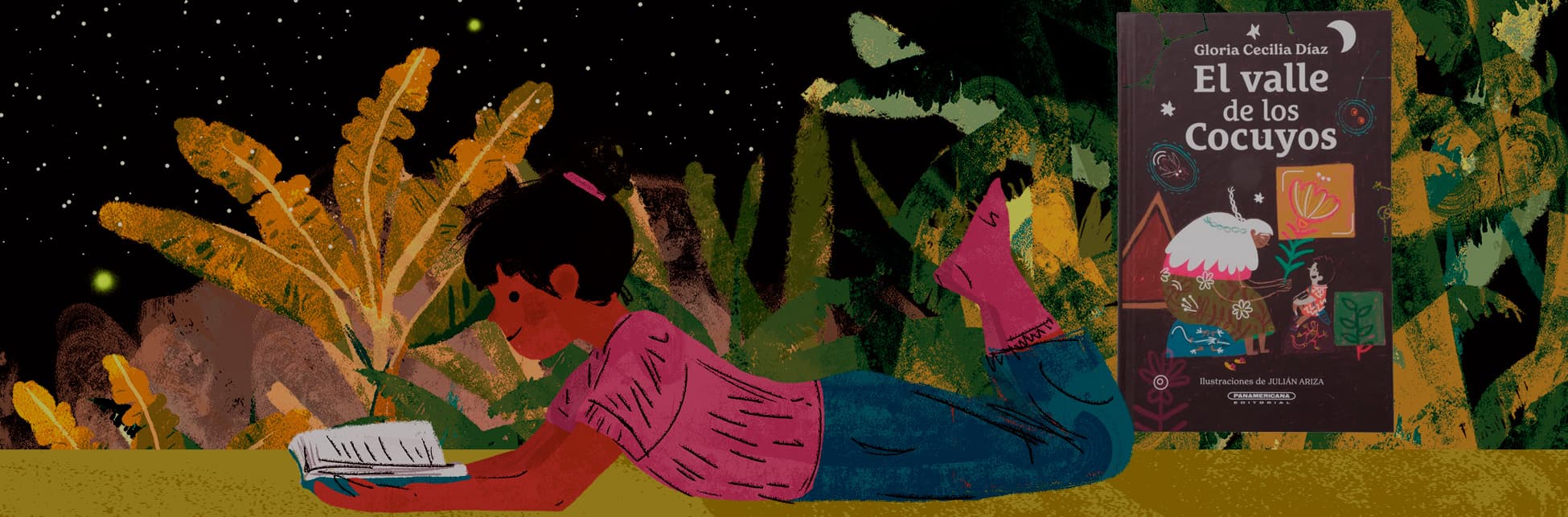 Ilustración. Sobre un fondo estrellado, una niña con cabello recogido y una moña rosada está acostada sobre la hierba leyendo un libro. Lleva una blusa rosa y pantalón azul. Al fondo, hay plantas con hojas grandes y amarillas. En la esquina superior derecha, se muestra la portada del libro «El valle de los cocuyos».