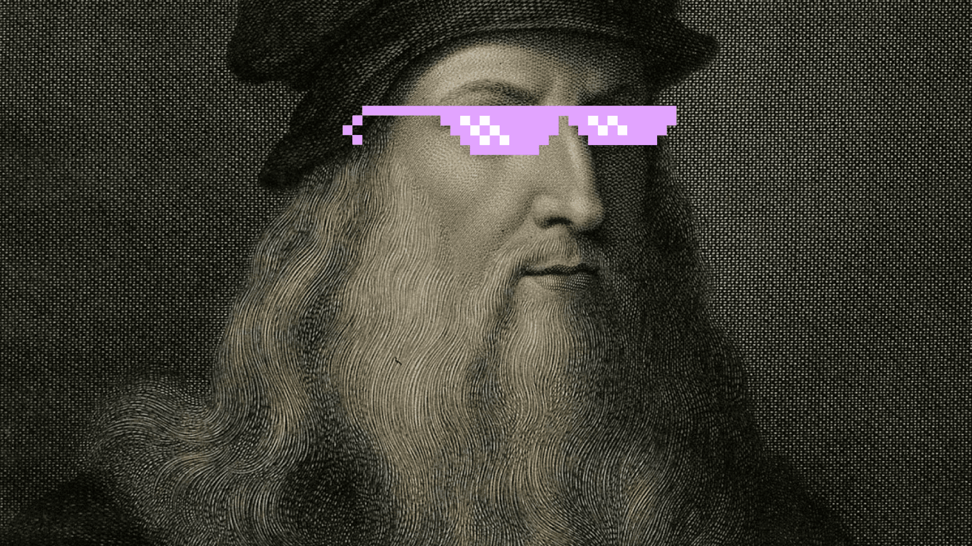 Ilustración. Retrato a blanco y negro del inventor Leonardo Da Vinci intervenido con unas gafas rosadas ilustradas con estilo 8 bit.
