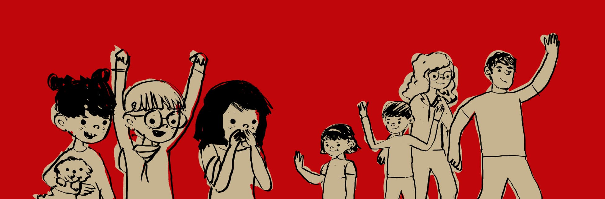 Ilustración. Sobre un fondo rojo aparecen ilustraciones en blanco y negro de niñas, niños y jóvenes en distintas poses: algunos levantan los brazos, otros caminan, una niña abraza un perro y otra se lleva la mano a la boca.