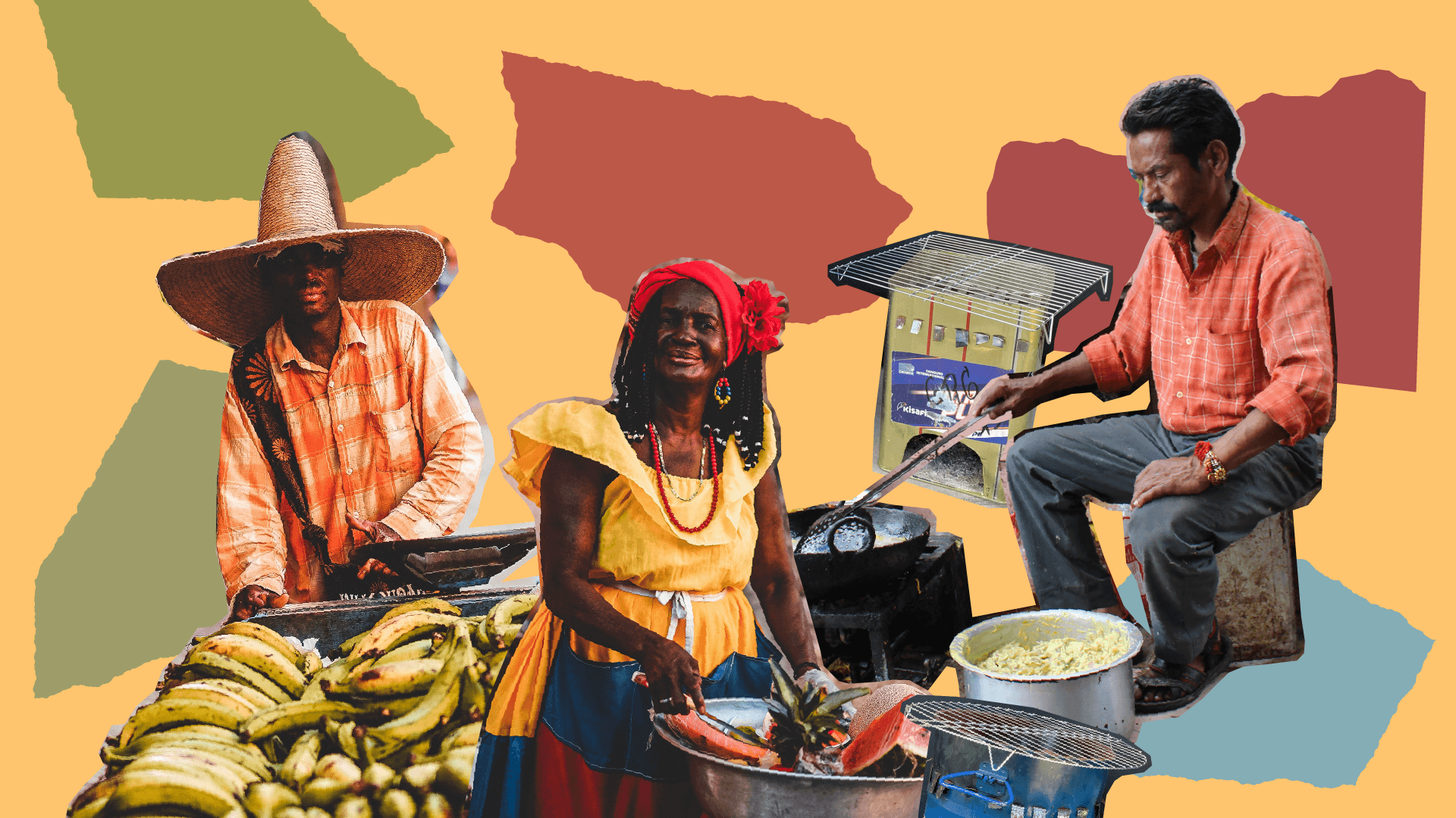 Collage. Aparecen tres personas vendedoras informales. El de la izquierda es un hombre con sombrero grande y camiseta de cuadros que lleva una carretilla con bananos. La de la mitad es una mujer con vestido, trenzas, balaca y una flor en la cabeza. Con sus manos sostiene una olla en la que hay frutas como sandía y piña. El de la derecha es un hombre de bigote que está sentado y con su mano derecha revuelve una paila. Delante suyo hay una olla con una masa y a su derecha hay un fogón de leña construido con una lata y una parrilla.