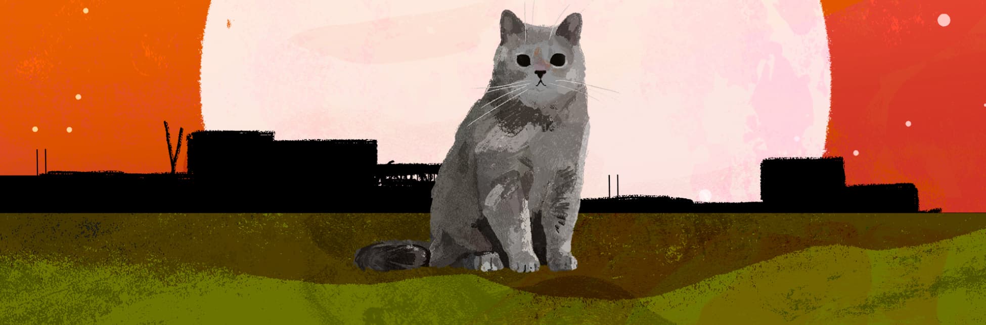 Ilustración. Un gato gris está sentado sobre sus patas traseras, con la mirada fija hacia el frente, su pelaje es esponjoso, en el fondo se ven algunas siluetas de casas y edificios.