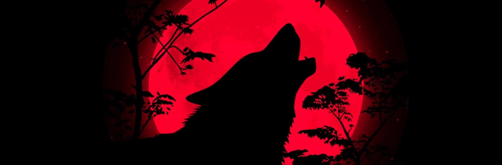 Afiche. En el centro se ve la silueta de un lobo aullando, rodeado por ramas y hojas oscuras que enmarcan una gran luna roja.