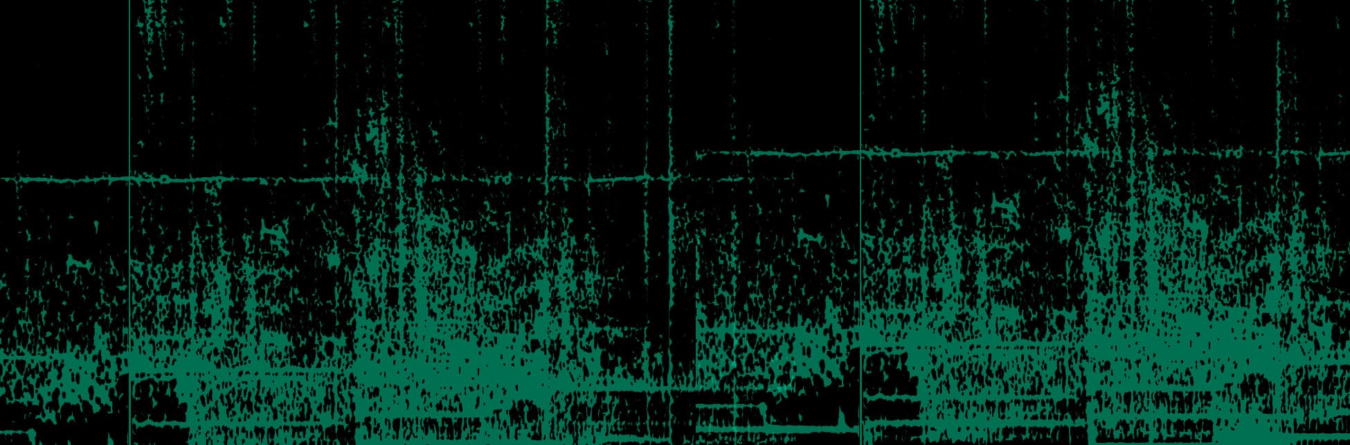 Ilustración. Sobre un fondo negro con una textura de puntos y líneas verdes dispersos que forman patrones irregulares y abstractos, se aprecian figuras que se asemejan a un paisaje sonoro o a una representación de frecuencias en una visualización acústica.