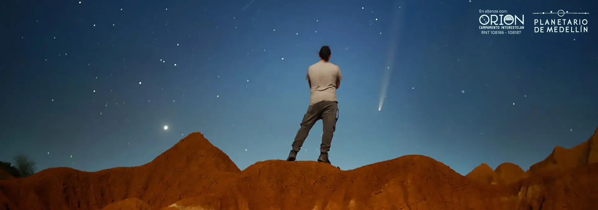Fotografía nocturna de una persona en un desierto observando el cielo.