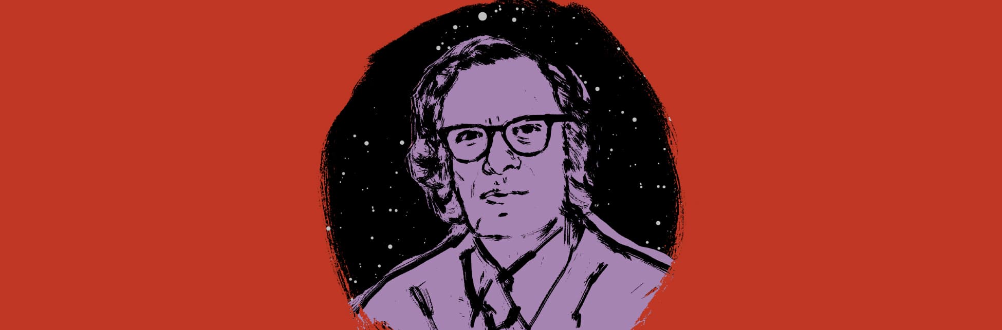 Sobre un fondo negro con rojo aparece en plano busto la fotografía ilustrada, en tonos morados, del escritor de ciencia ficción Isaac Asimov.