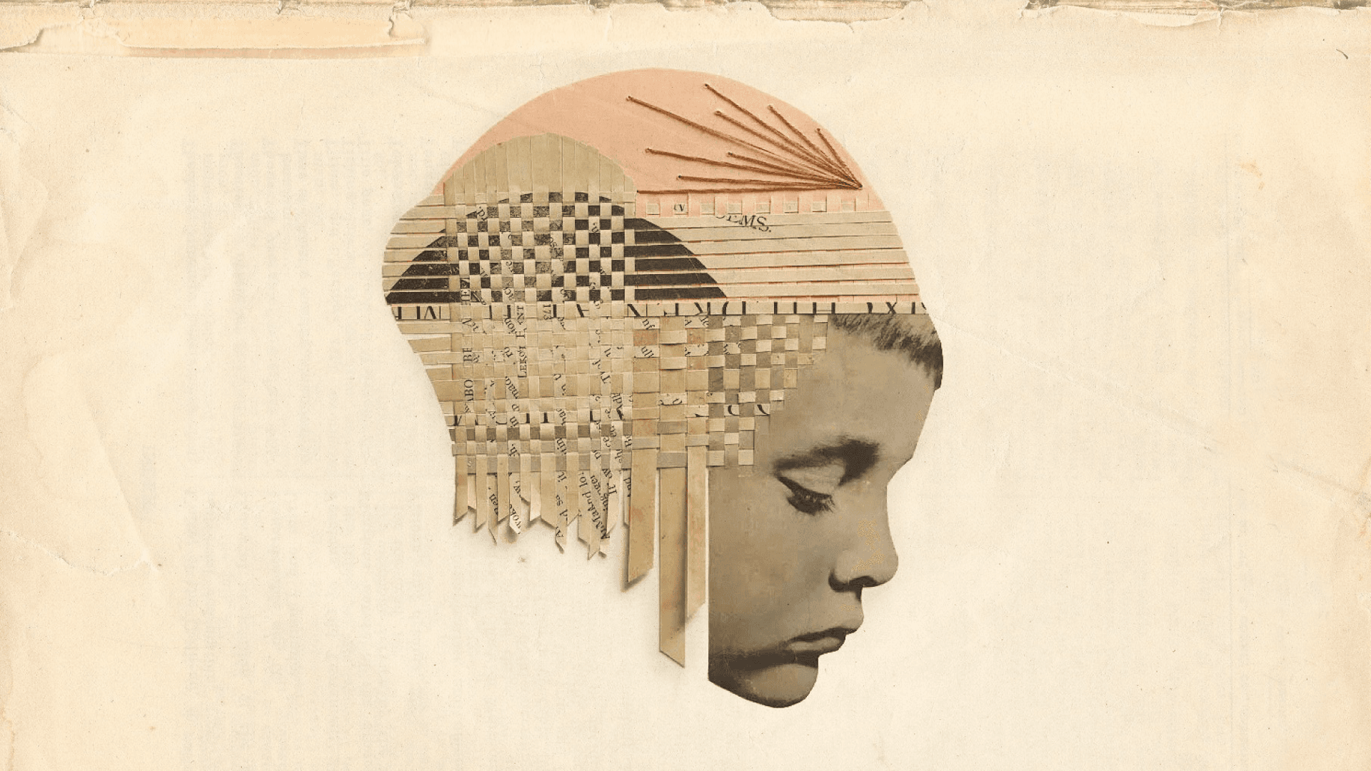 Collage. En el centro de la imagen aparece el rostro de un niño de perfil y con los ojos cerrados. Su cabeza es un collage compuesto por recortes de periódico que se tejen en cuadritos y están sostenidos por hilos.