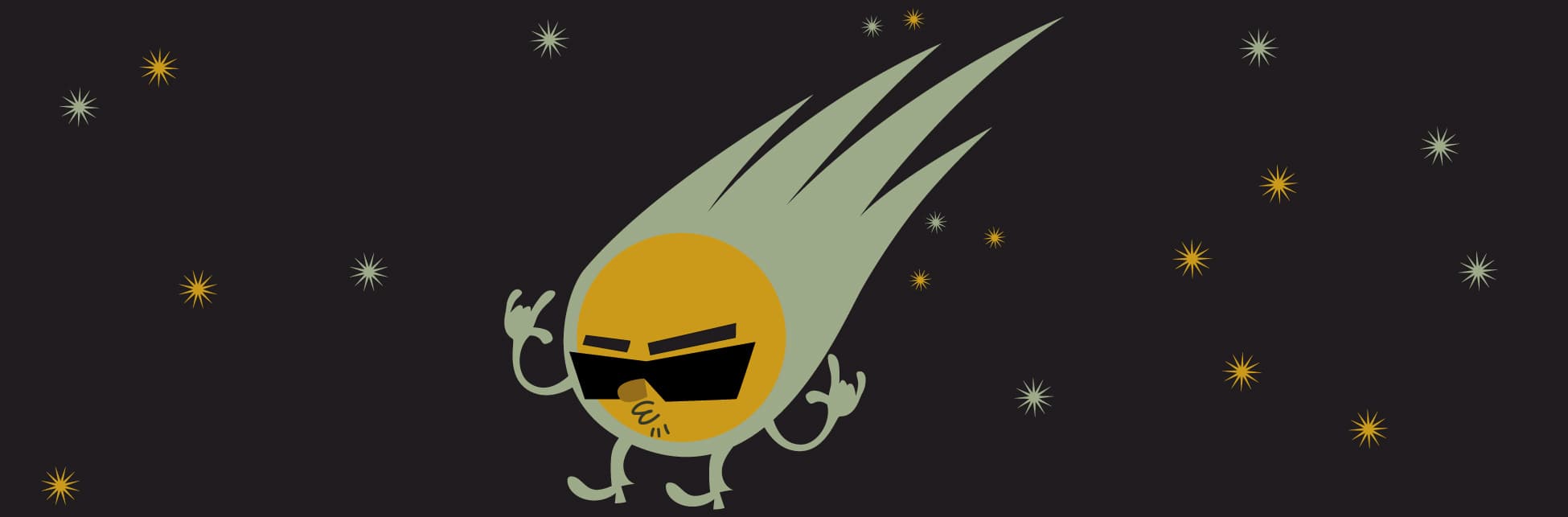 Ilustración. Sobre un fondo estrellado aparece un cometa personificado con manos y pies, una bola amarilla de la que sale una estela grisácea que parece cabello, tiene gafas oscuras, la boca fruncida y con ambas manos hace un gesto en que solo tiene arriba índice, meñique y pulgar.