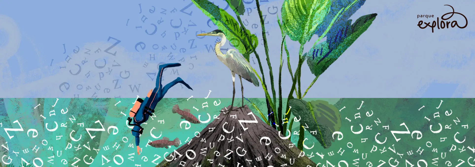 Ilustración de una garza y una persona buceando entre letras.