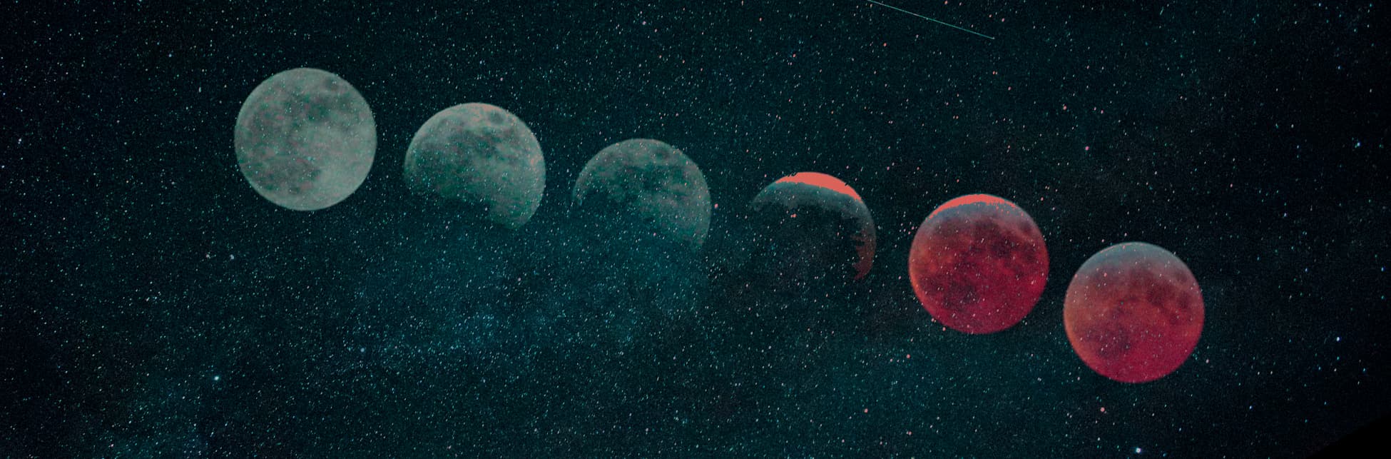 Ilustración. Sobre un fondo estrellado, se muestra una secuencia de imágenes de la Luna en distintas fases de un eclipse lunar, desde su estado iluminado hasta teñirse de rojo.