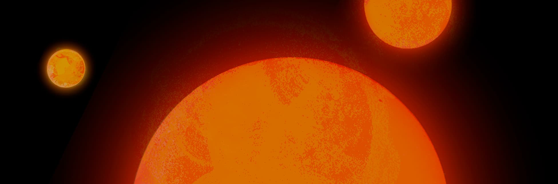 Ilustración. Sobre un fondo negro, se observan tres esferas incandescentes de diferentes tamaños que simulan ser estrellas. La más grande se ubica en la parte inferior derecha, ocupando buena parte del encuadre. En la parte superior derecha, aparece otra esfera de tamaño mediano, mientras que en el extremo izquierdo se encuentra una esfera más pequeña con detalles visibles en su superficie. Las tres irradian un resplandor anaranjado que genera un halo de luz difusa a su alrededor.