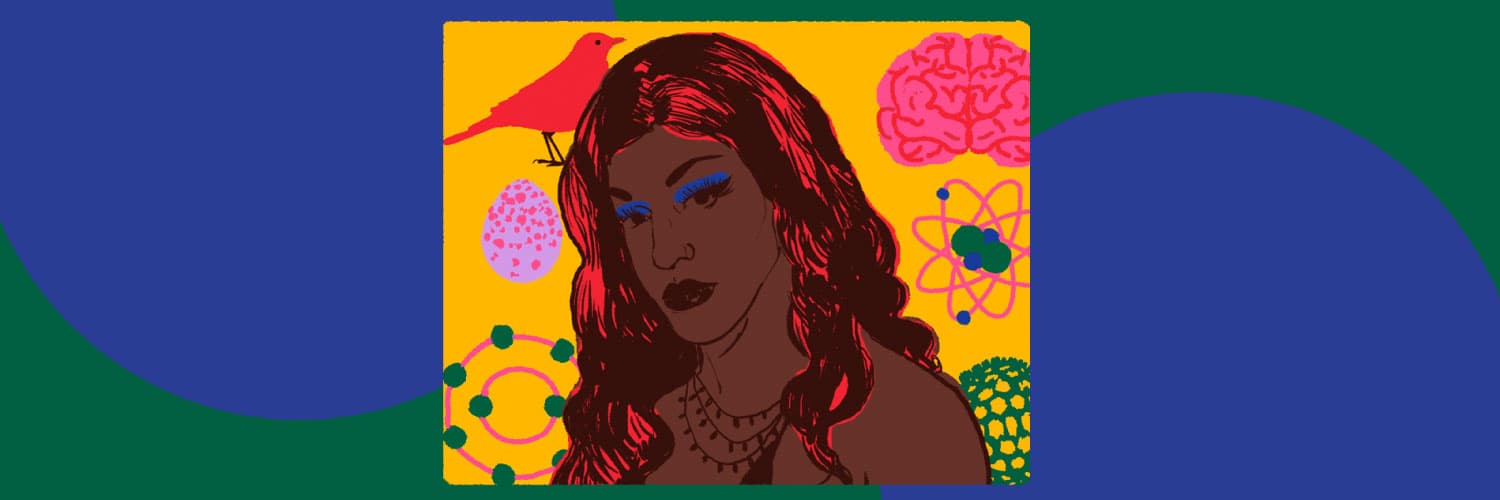 Ilustración. En un recuadro una persona en primer plano y de medio perfil. Tiene piel morena, cabello largo y rojo, cejas delineadas, pestañas largas y sombra de ojos color azul. Al fondo un cerebro, un pájaro y la representación de un átomo, varias esferas pequeñas rodeadas de líneas elípticas.