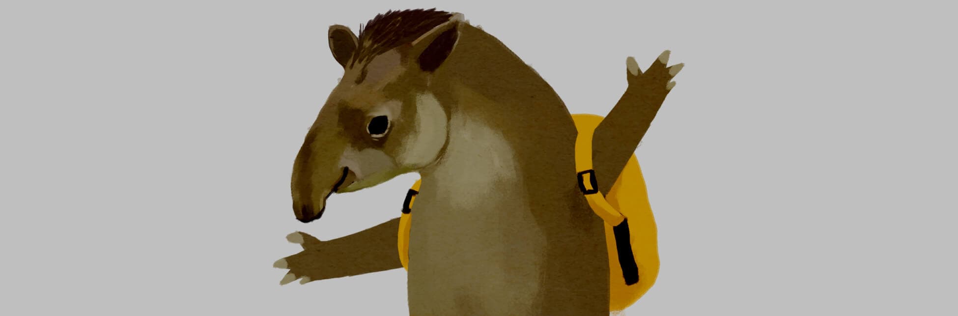 Ilustración. En la parte izquierda de la imagen una danta parada sobre sus patas traseras, un animal de hocico alargado con una trompa corta, orejas pequeñas y pelo corto. En su espalda lleva un morral color naranja.