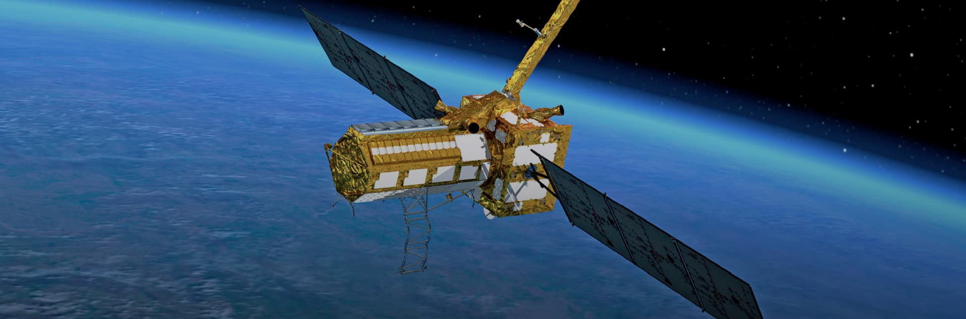 Imagen. Sobre un fondo negro con estrellas y la curvatura azul de la Tierra en la parte inferior, se ve un satélite con paneles extendidos orbitando sobre el planeta.