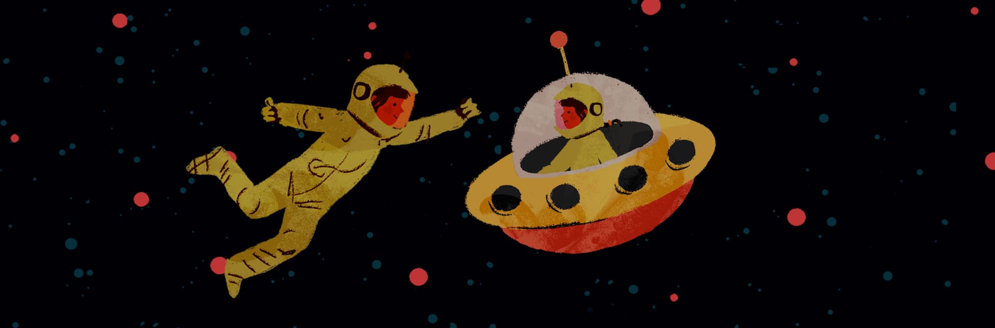 Ilustración. Sobre un fondo estrellado aparecen dos astronautas que se miran a los ojos sonriendo, uno está en una nave espacial y el otro está al frente en el vacío. E