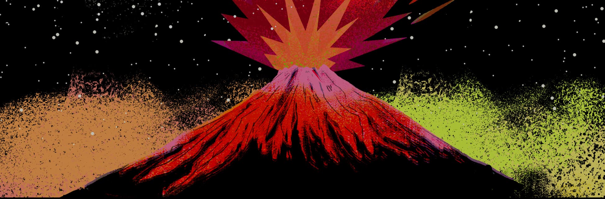 Ilustración. Sobre un fondo negro con puntos blancos simulando estrellas, se observa un volcán en erupción con tonos rojos, rosas y naranjas. Del cráter emergen explosiones con formas puntiagudas en rojo y morado. A los lados del volcán, hay nubes de ceniza en tonos naranja y verde. En la parte superior derecha, se aprecian objetos en forma de meteoritos.